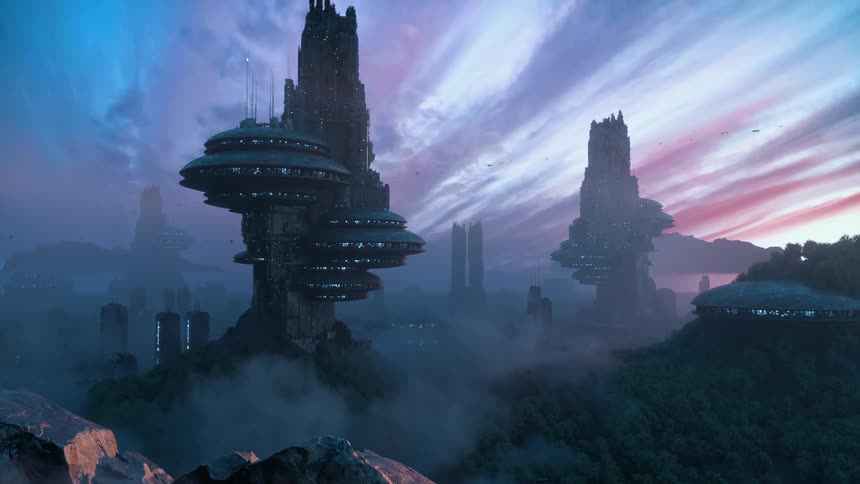 Beautiful futuristic sci fi city in the mountains at sunset