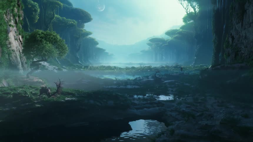 Panorama of a jungle landscape with a person facing away animals and a lake in animation