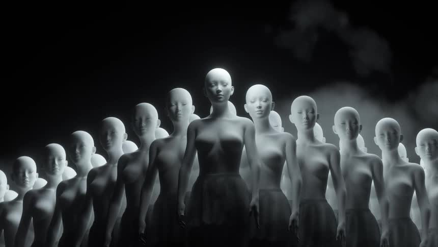 Abstract robotic women in equal positions in an animation