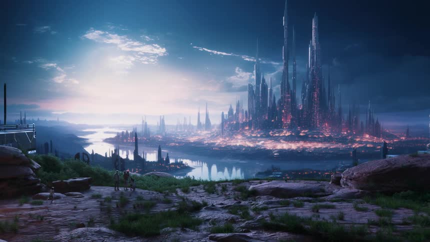 Futuristic sci fi city surrounded by a river seen from the countryside