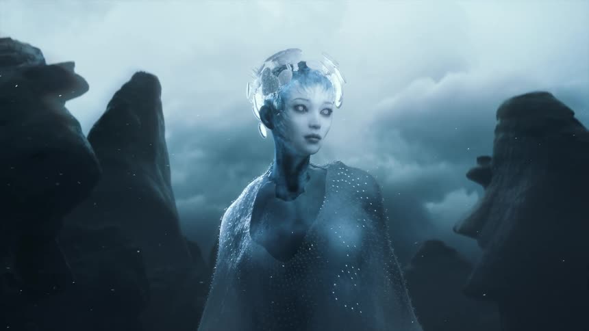 Futuristic human being with brain enhancements looks up at the cloudy sky