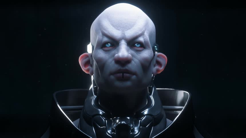 Close up of a Sci-fi character looking up at camera
