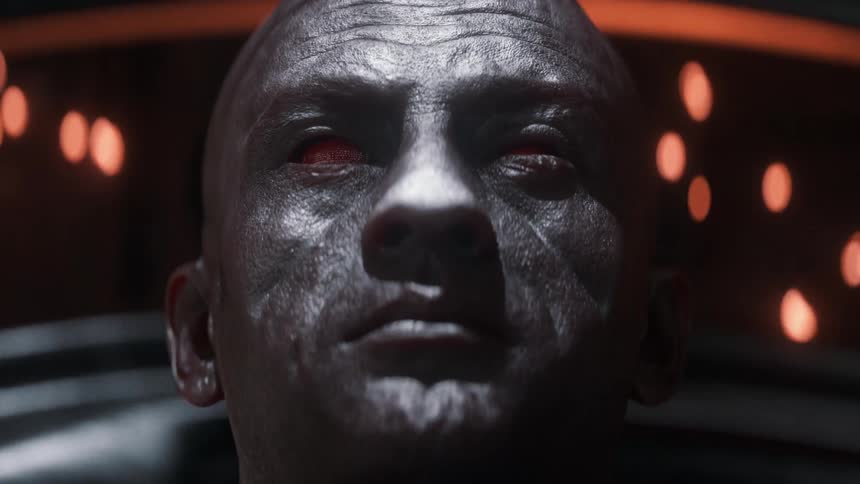 Face of a humanoid cyborg inside a rotating machine