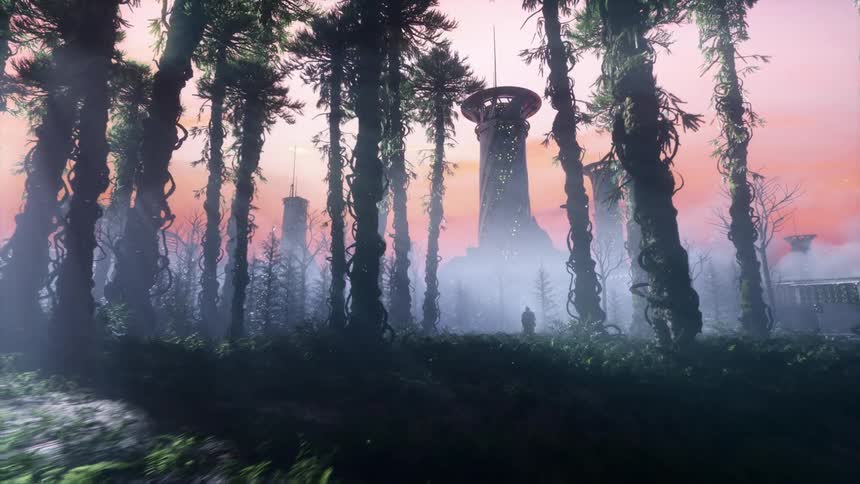 Person stands among the trees overlooking a futuristic utopia city