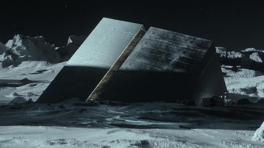 Large cubical building half buried in the moon