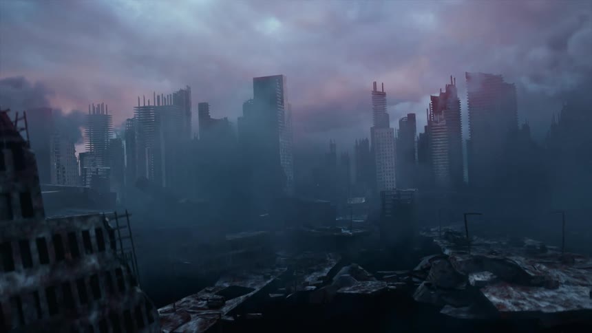 Red tinted clouds fill sky over smoky ruined postwar city