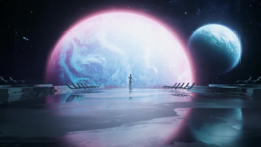 A futuristic space traveler views distant planets through a giant window on a spaceship