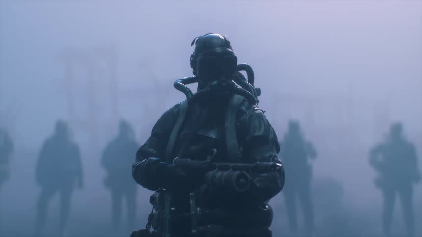 Post apocalyptic soldier holds a gun in front of the troops on a ruined city