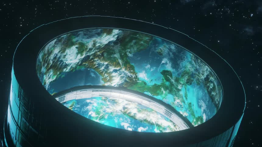 A giant megastructure in space is rotating and revealing an Earth like environment