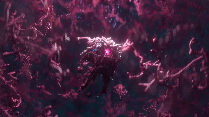 A bioengineered microbe is floating in a sea of molecules and atoms