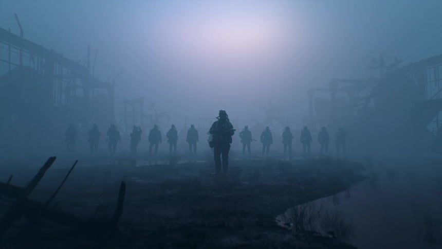 Soldiers in silhouette stand in line among ruins