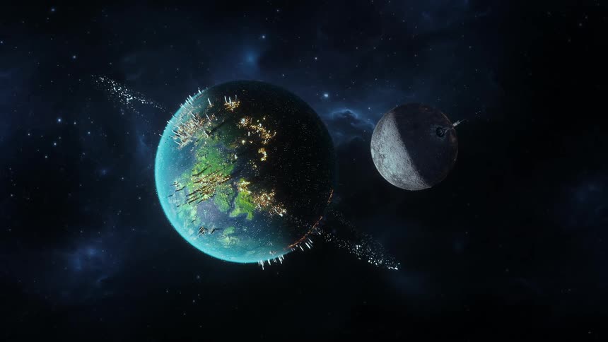 Light shines on a futuristic earth and moon
