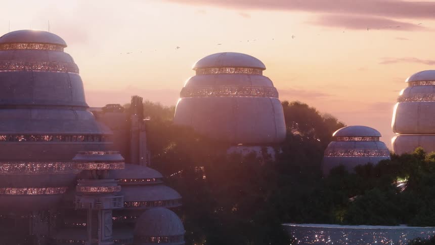 Birds fly over a beautiful futuristic city at sunset