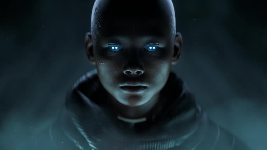 Eyes of a cyborg turn on inside a dimly lit room