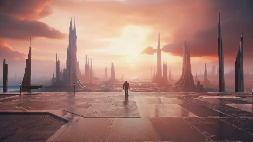 Silhouette of a person looking at a futuristic city at sunset