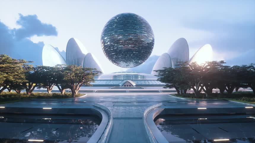 A walkway over pools leads to a futuristic place with a sparkling silver globe floating over a house