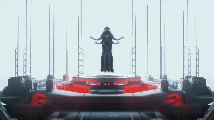 Four armed robot floating on a platform in an animation
