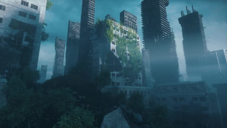 The digital art shows a ruined city with buildings damaged and covered in vines