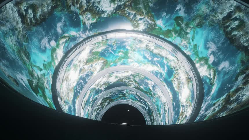 Peering into a giant megastructure in space revealing an Earth like environment