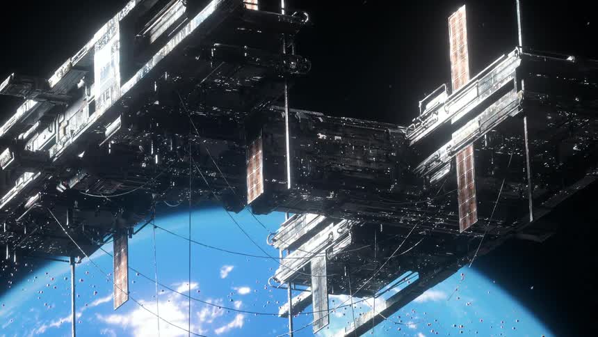 Floating platform in space with a view of planet earth in animation
