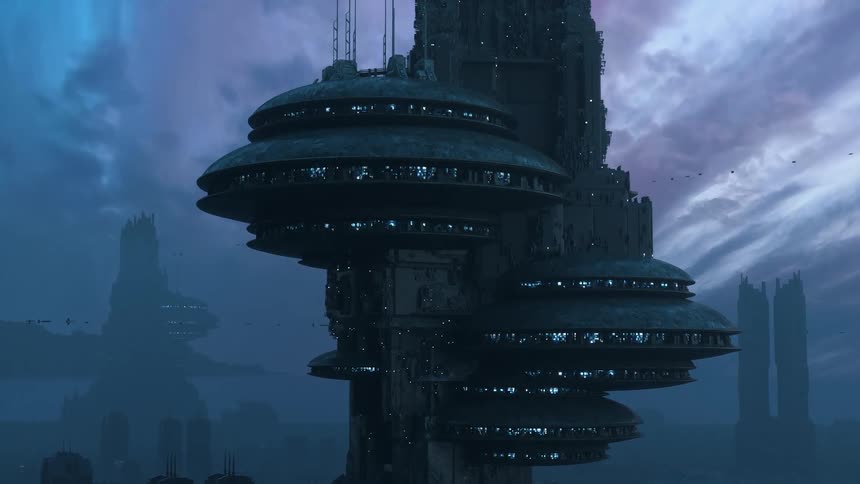 A huge futuristic fictional structure and in the sky there are ships flying