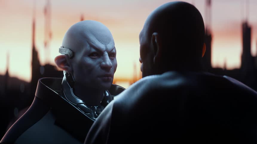 Two sci fi characters face each other at dusk