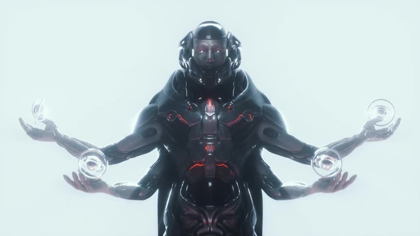 Futuristic sci fi astronaut character is standing in a bright environment