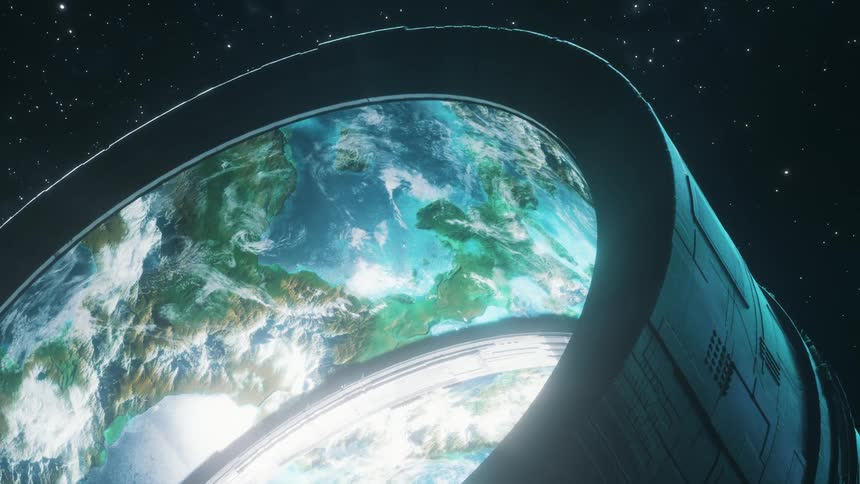A futuristic megastructure in space is rotating