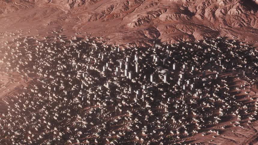 Timelapse of a large city being built in a desert landscape
