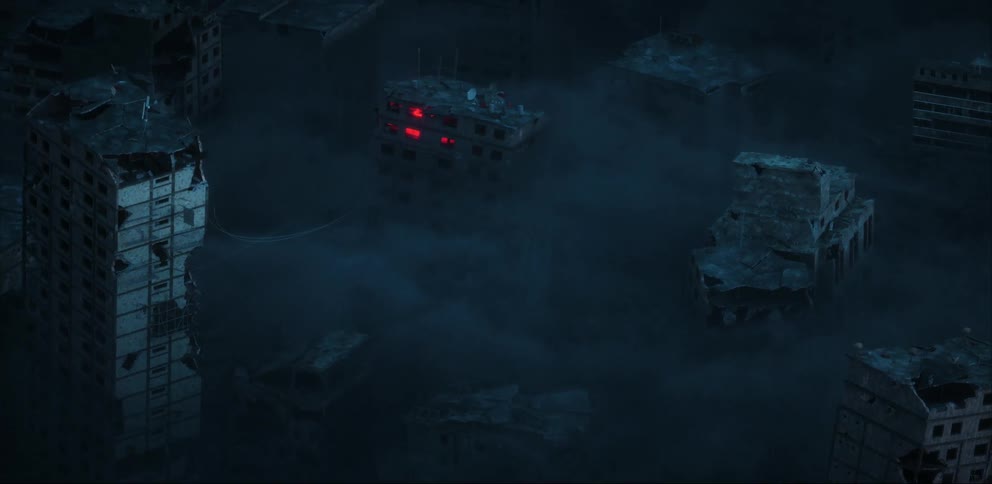 Destroyed buildings in a dark city with one of them having red internal lights