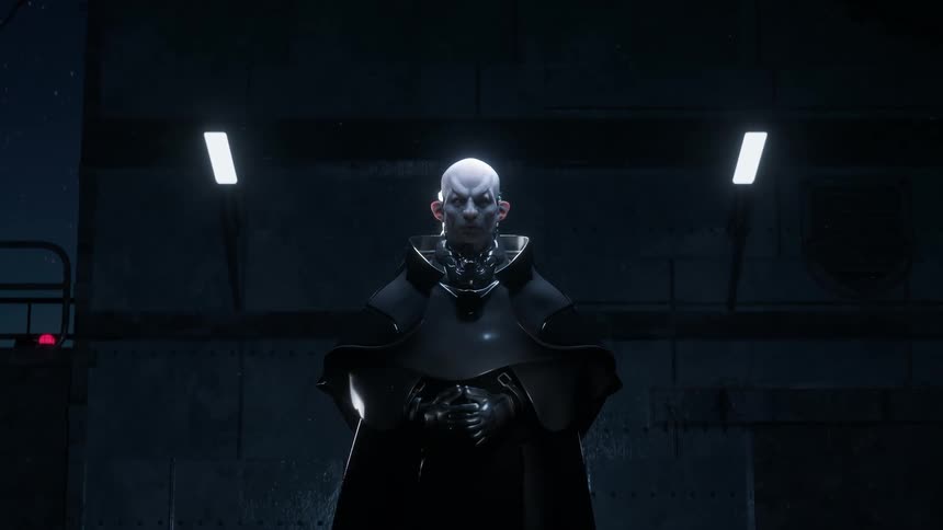 Intimidating futuristic human being is cloaked in darkness and looking up at camera