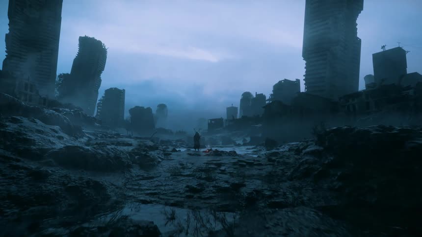 Silhouette of a person standing on the ruins of a city