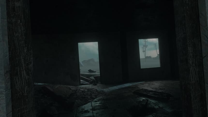The inside of the building is destroyed and dark