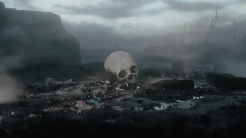 Fog fills the air as a human skull sits on the barren ground under a dark cloudy sky with silhouettes of buildings and bare broken trees in the distance