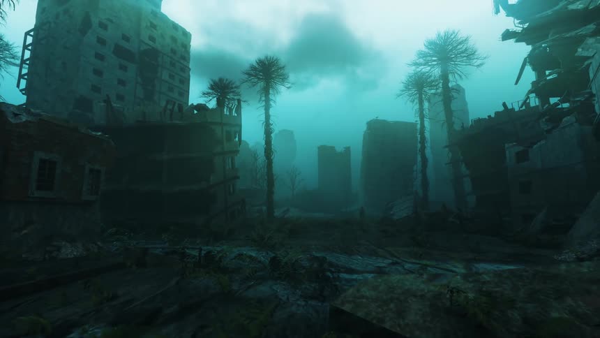 Ruins of a city covered in blue fog on a post apocalyptic landscape