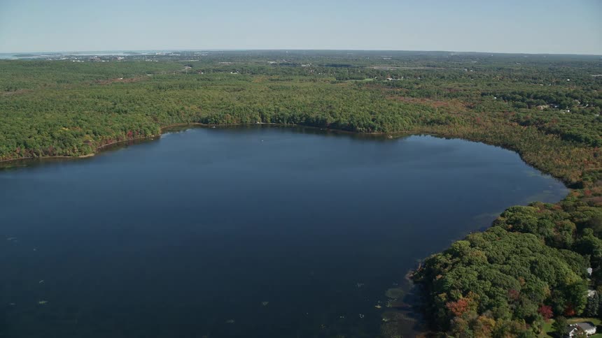 Lake surrounded by forests with houses and neighborhoods in the surrounding area