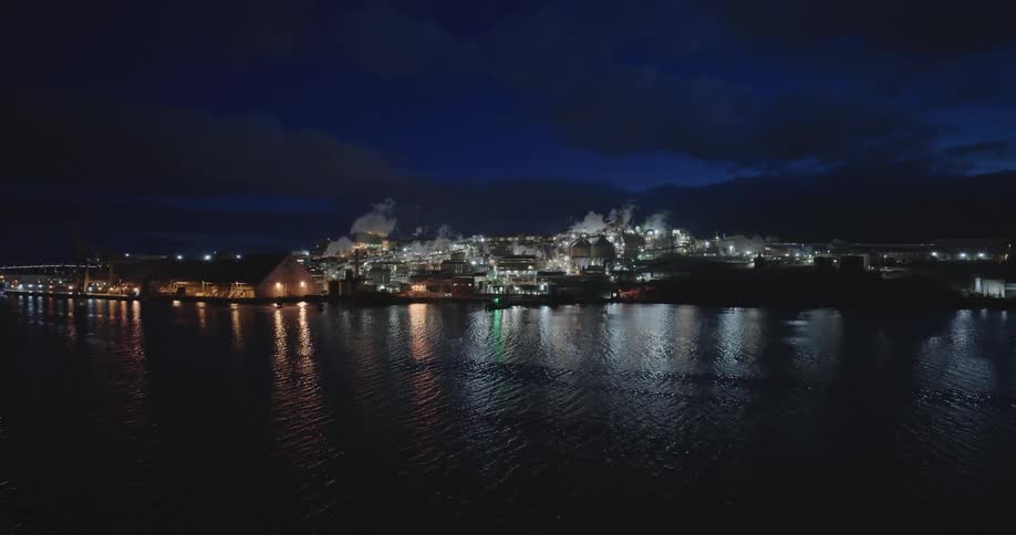 Smoke rises from factory along the coast as lights reflect upon the water in the darkness