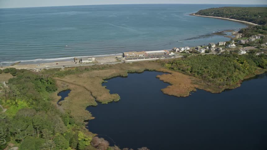 Aerial view of coastal homes and ocean