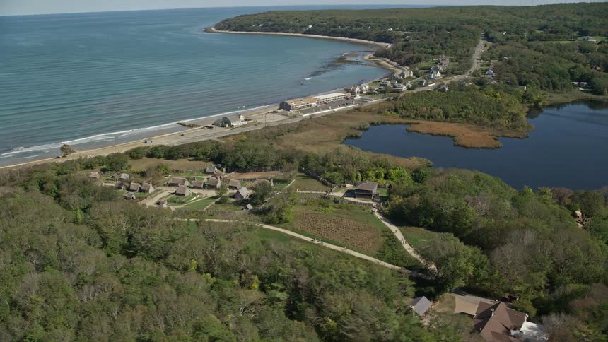 Aerial view of tree lined coastal bay