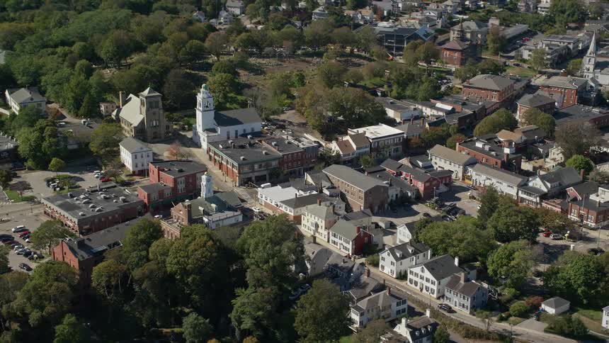Aerial view of the center of a small town
