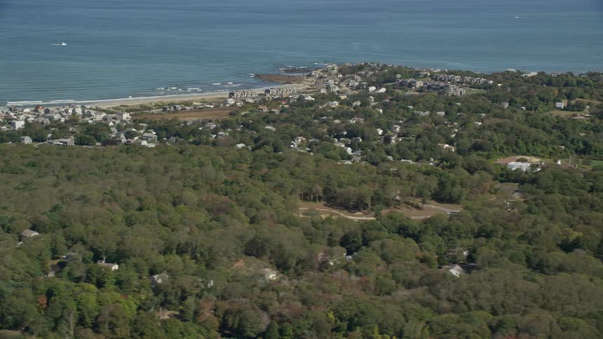A beach that connects the ocean to a land with dense forest and a small town on the coast