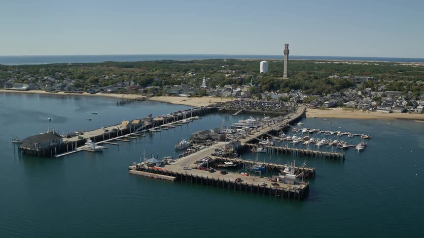 Aerial view of boats on the pier of a coastal town