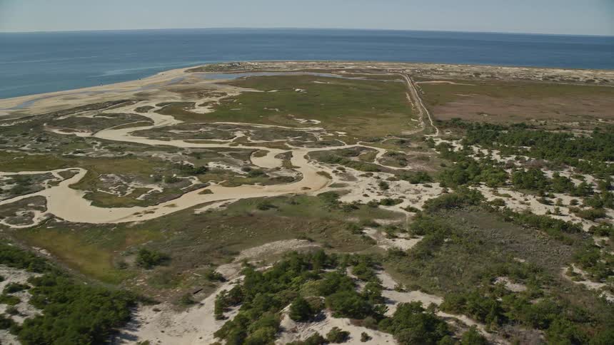 Aerial drone view of fields next to the ocean