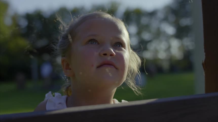 Young girl looks at spider webs in a park