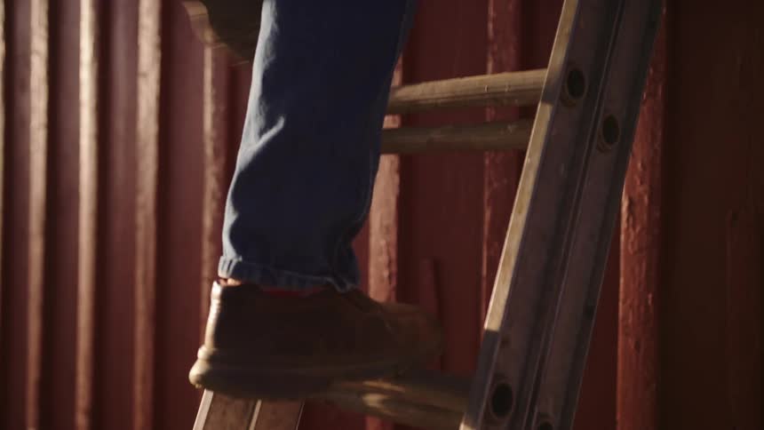 Closeup of legs climbing a ladder leaning against the wall