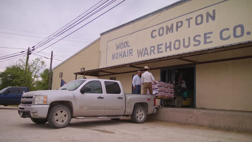 Men load sacks onto pickup at loading dock of wool warehouse