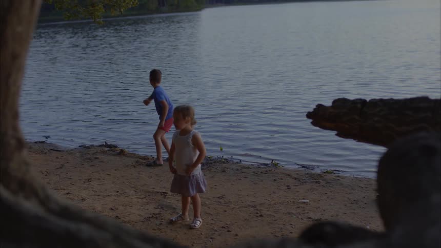 Girl looks around shore while brother skips rocks