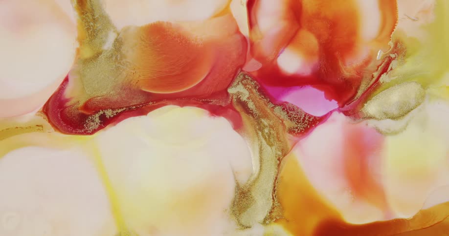 Colorful abstract liquid ink background with golden particles
