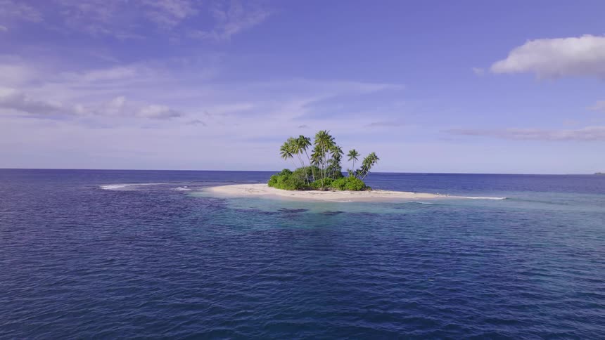 A small tropical island in the middle of the ocean with palm trees