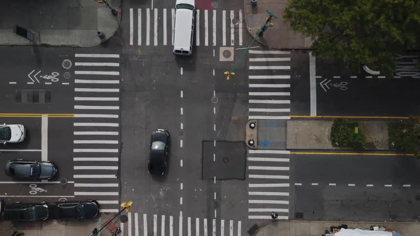 Traffic is moving through the intersection